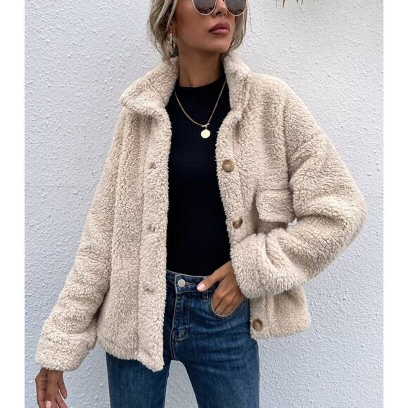 Shein Jackets & Blazers - SHEIN Essnce Drop Shoulder Stand Collar Teddy Jacket Cream Fleece Sz M